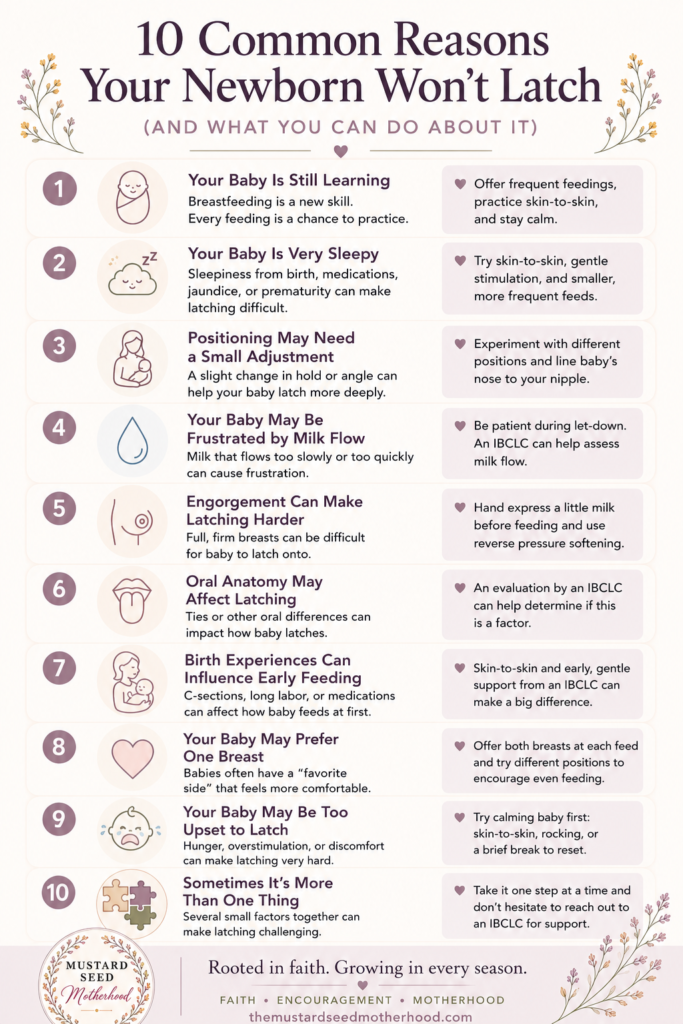Infographic explaining 10 common reasons a newborn won't latch, with practical breastfeeding tips and solutions from an IBCLC and NICU nurse.