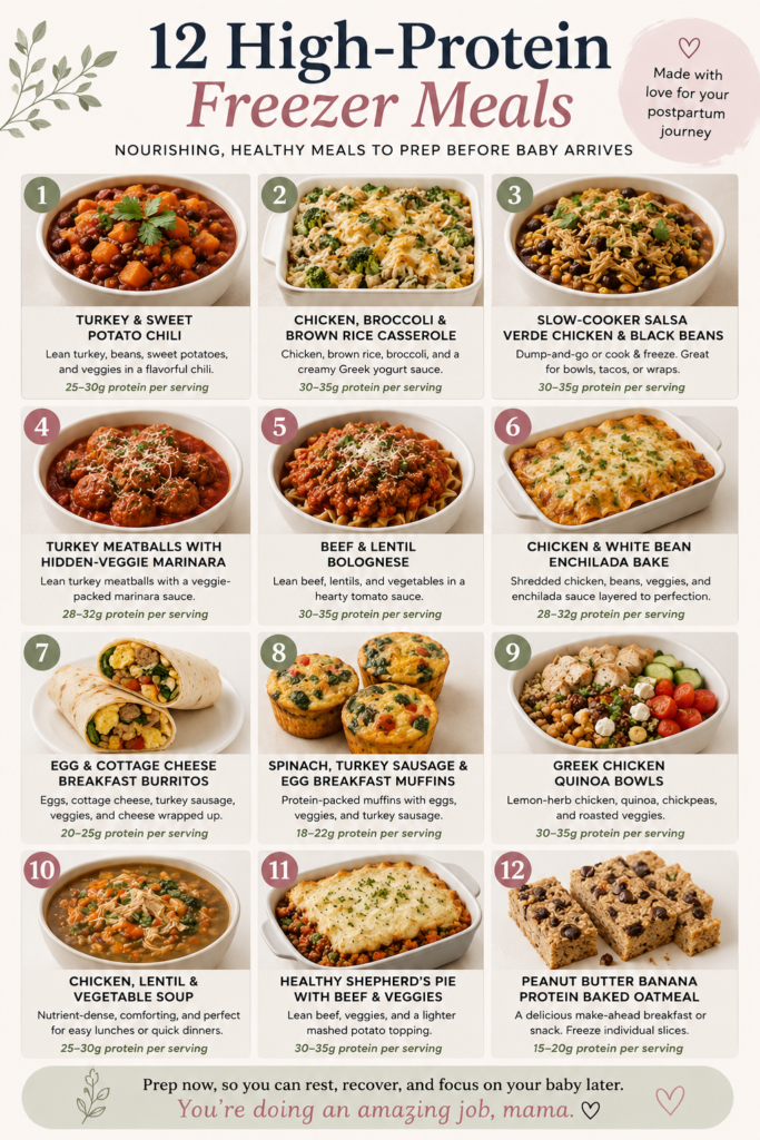 Infographic showing 12 healthy high-protein freezer meals to prepare before baby arrives, including casseroles, soups, breakfast burritos, oatmeal, and meal prep ideas for postpartum recovery.